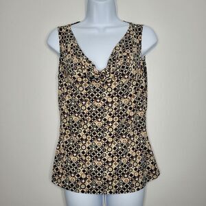 Vintage 90s y2k tan black abstract circle retro print cowel neck blouse medium p